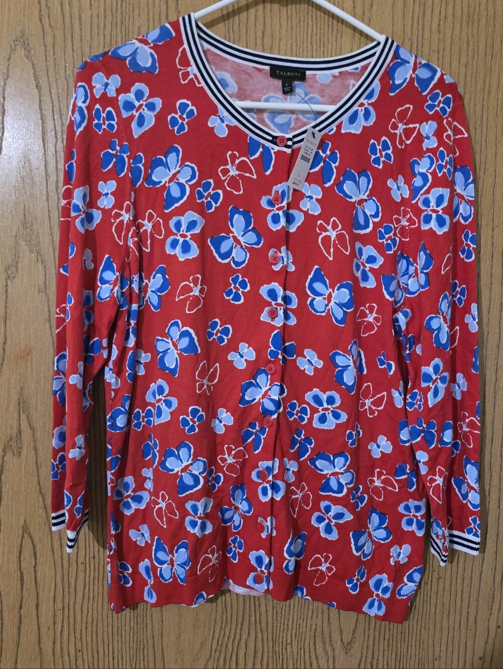 Nwt. Talbots Red Floral Button-Front Cardigan with Blue Flowers Size